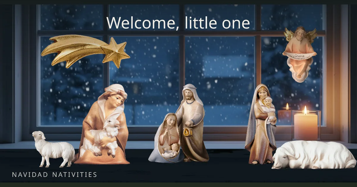 "Welcome, little one": a greeting card of ULPE Ulrich Comet figures on a winter windowsill