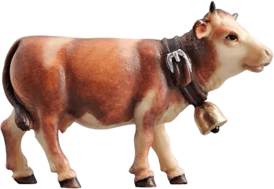 Hand-carved wooden cow looking forward with brown and white paint, wearing a collar with a bell