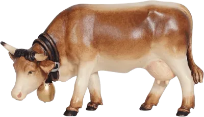 Hand-carved and hand-painted wooden cow grazing with bell on neck, brown and cream colors