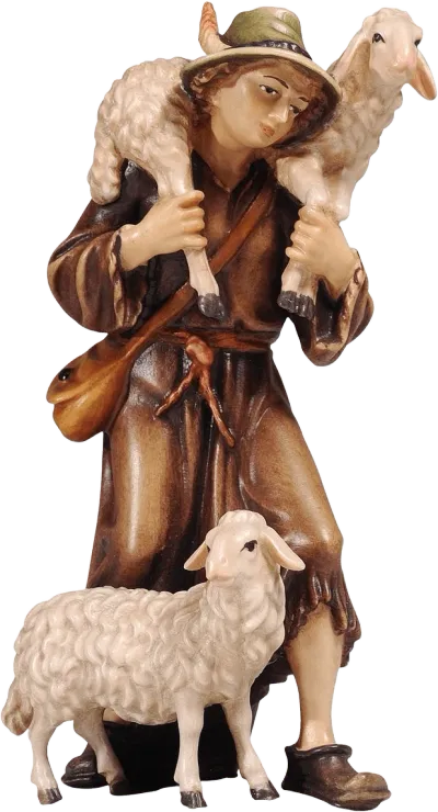 Hand-carved wooden shepherd carrying a sheep on shoulders with another sheep at feet, painted brown and cream