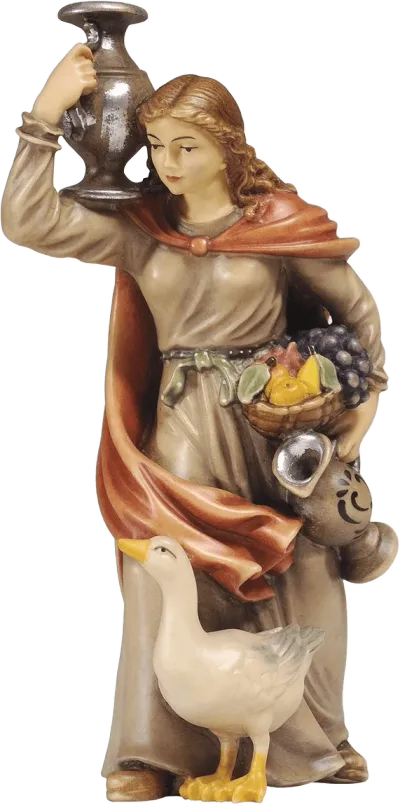 Hand-carved wooden woman figure holding jugs with a goose at her feet, painted in natural colors