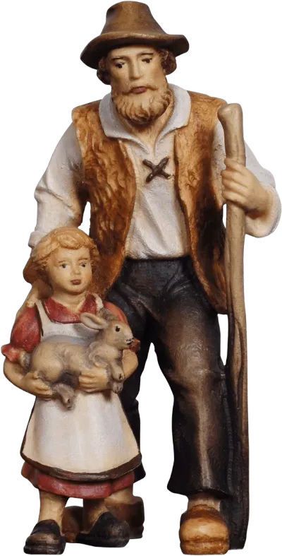 Hand-carved wooden shepherd with girl holding rabbit, painted in traditional colors