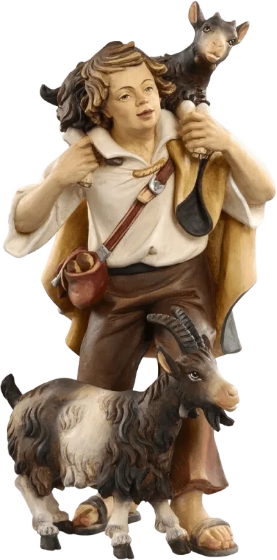 Hand-carved wooden shepherd figure carrying a goat on shoulders with another goat at feet, hand-painted