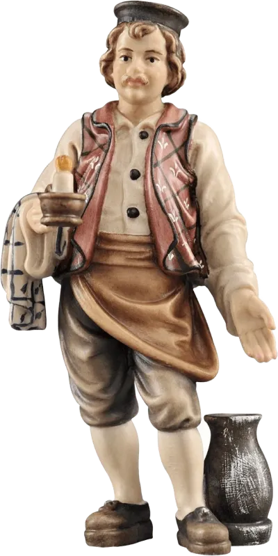 Hand-carved and hand-painted wooden Innkeeper figure holding candle with jug at feet