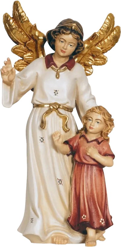 Hand-carved and hand-painted wooden Guardian Angel with golden wings standing with a girl in red dress