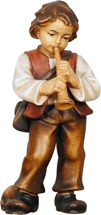 Hand-carved wooden boy playing trumpet with brown pants and red vest