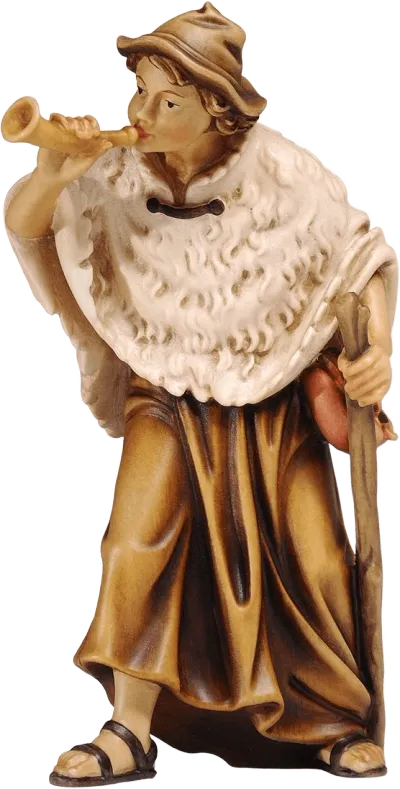 Hand-carved wooden shepherd figure playing horn, wearing cloak and sandals