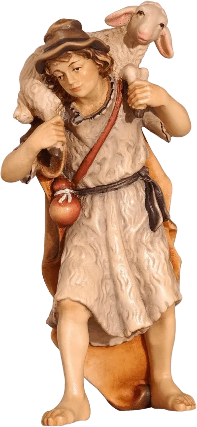 Hand-carved wooden shepherd figure carrying a sheep on shoulders, hand-painted with natural colors