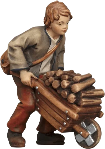 Hand-carved wooden figure of boy pushing wheelbarrow filled with firewood, hand-painted in earth tones