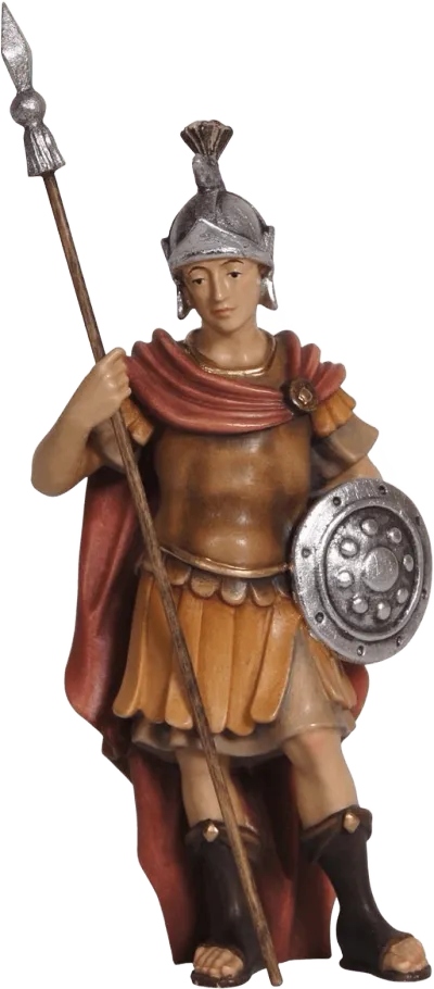 Hand-carved wooden Roman Soldier figure holding spear and shield, painted with red cape and silver helmet