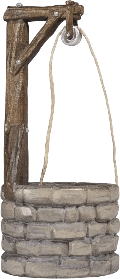Hand-carved wooden nativity well with stone base and wooden pulley frame, hand-painted