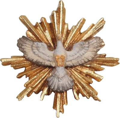 Hand-carved wooden Glory with Dove figure with golden radiant burst, painted white and gold