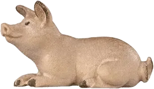 Hand-carved wooden piglet lying down, light brown with painted details