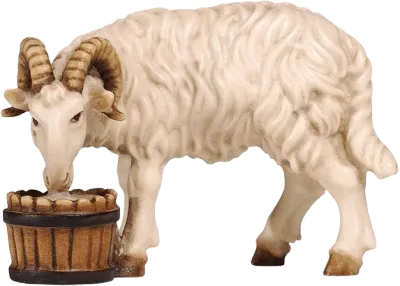 Hand-carved wooden ram drinking from a bucket, painted in natural colors