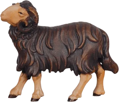 Hand-carved wooden dark ram looking left with detailed fur texture and natural brown tones