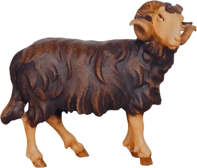 Hand-carved wooden dark brown ram looking right with textured fur and curved horns