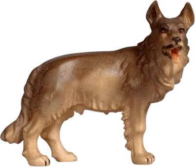 Hand-carved wooden German Shepherd figure with brown and tan paint, standing pose