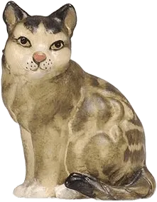 Hand-carved wooden cat figure sitting, hand-painted in natural brown and beige tones