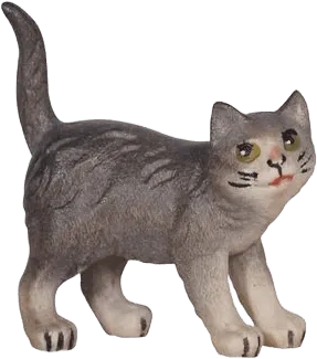 Hand-carved wooden cat figure standing, gray with painted details