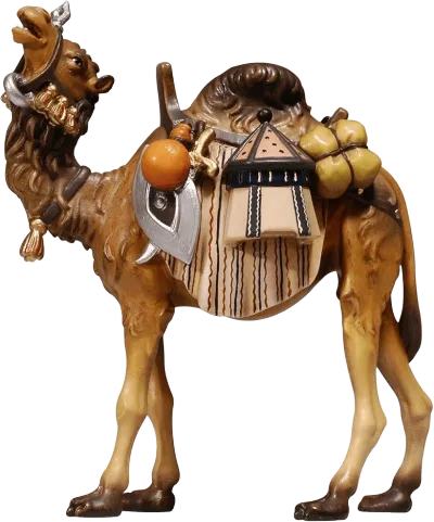 Hand-carved wooden camel with detailed luggage, painted in warm natural tones