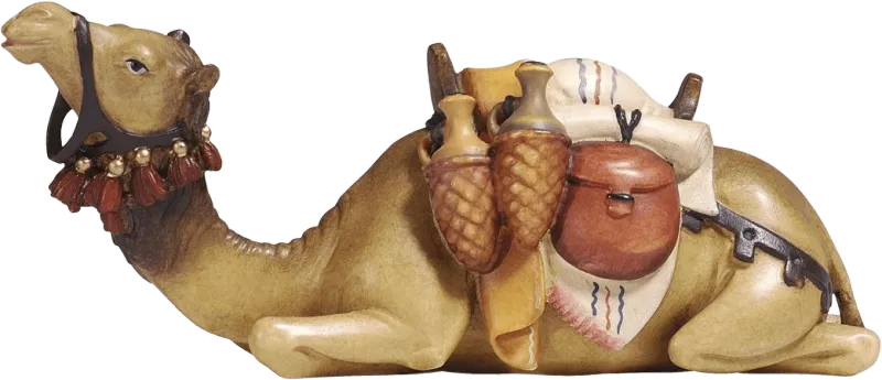 Hand-carved wooden camel lying down with painted saddlebags and harness in natural colors