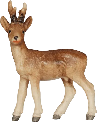 Hand-carved and hand-painted wooden stag figure with natural brown and cream tones