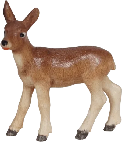 Hand-carved and hand-painted wooden doe figure in natural brown and cream tones