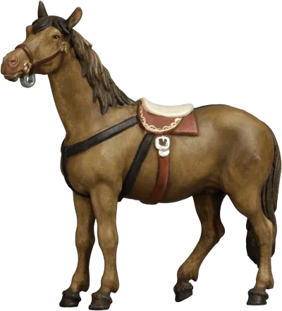 Hand-carved and hand-painted wooden horse nativity figure with saddle and bridle