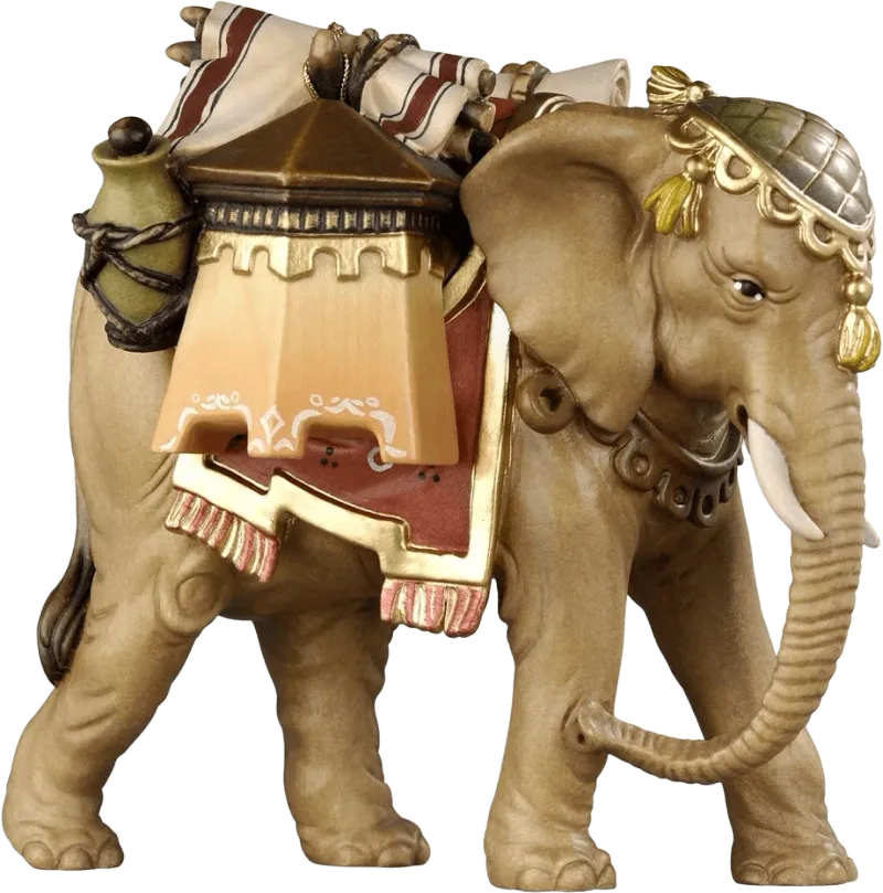 Hand-carved and hand-painted wooden elephant with luggage and decorative coverings
