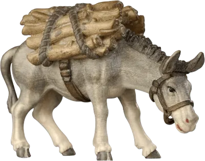 Hand-carved wooden donkey carrying wood bundle, natural tones, Pema Kostner collection