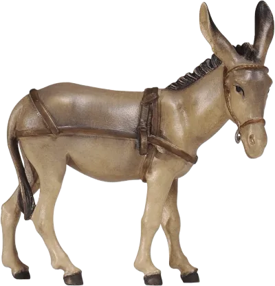 Hand-carved wooden donkey figure with harness, natural brown and beige paint