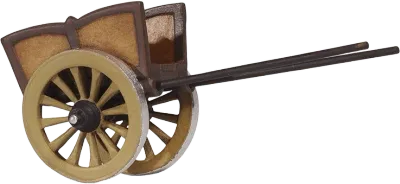 Hand-carved wooden cart accessory with painted wheels and handles in natural wood tones