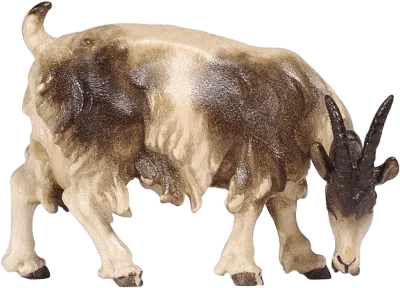 Hand-carved wooden goat grazing looking right with brown and cream paint