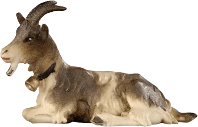 Hand-carved and hand-painted wooden goat lying down with bell around neck