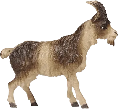Hand-carved wooden goat with short hair, brown and cream tones, standing pose