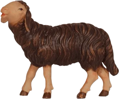 Hand-carved wooden dark sheep eating with head up, detailed brown and beige paint