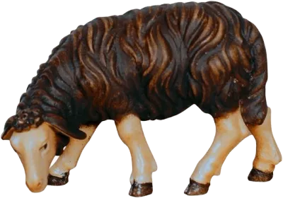 Hand-carved wooden dark brown sheep grazing looking left with detailed fur texture