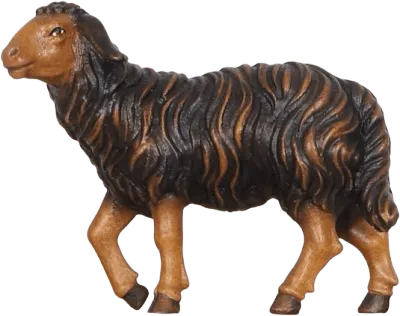 Hand-carved wooden dark sheep standing with head up, brown and black painted