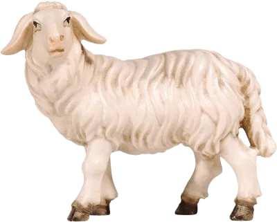 Hand-carved wooden sheep figure standing looking left with detailed wool texture and painted features