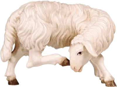 Hand-carved wooden sheep scratching with textured wool and painted details