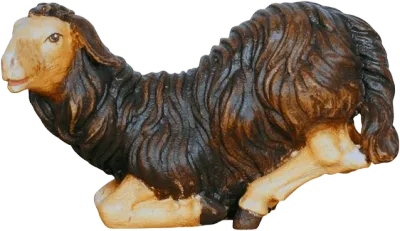 Hand-carved and hand-painted dark brown kneeling sheep nativity figure