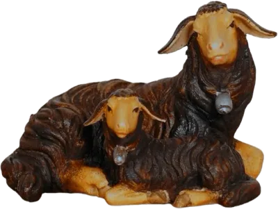 Hand-carved wooden dark sheep lying with lamb, both with small bells, painted brown and beige