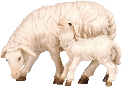 Hand-carved wooden sheep grazing with lamb, white with brown hooves