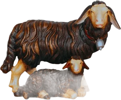 Hand-carved and hand-painted wooden group of dark sheep, standing sheep with lamb lying down