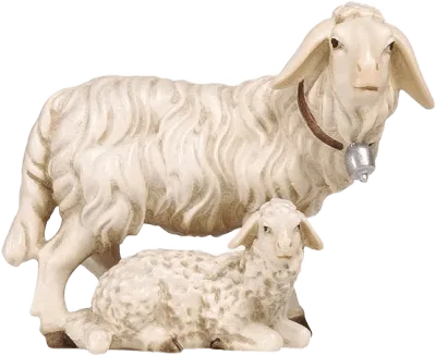 Hand-carved wooden group of sheep with standing sheep and resting lamb, painted in natural white tones