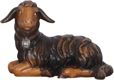 Hand-carved wooden dark lamb lying down looking left with brown and black paint