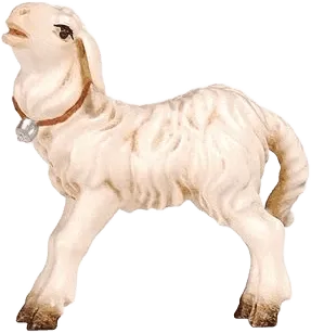 Hand-carved and hand-painted wooden standing lamb with bell collar
