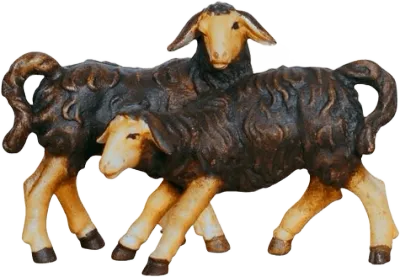 Group of two dark hand-carved wooden lambs with textured dark wool and light legs