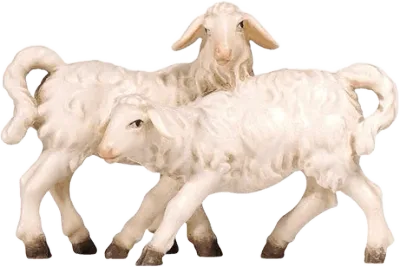 Two hand-carved and hand-painted wooden lambs with white wool texture and brown hooves