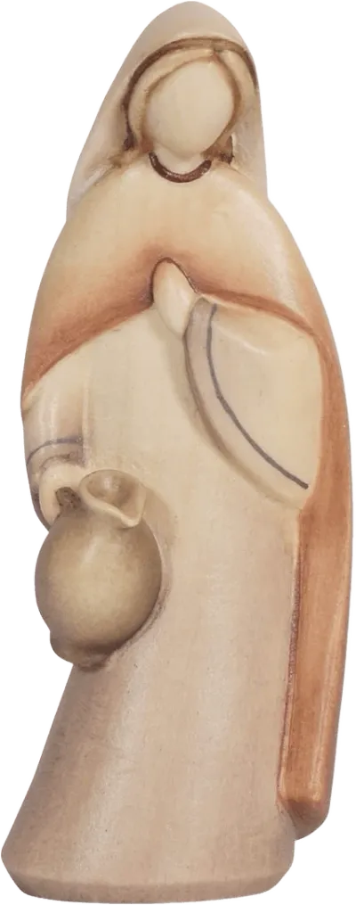Hand-carved wooden Woman with Jug figure in beige and brown tones holding a jug